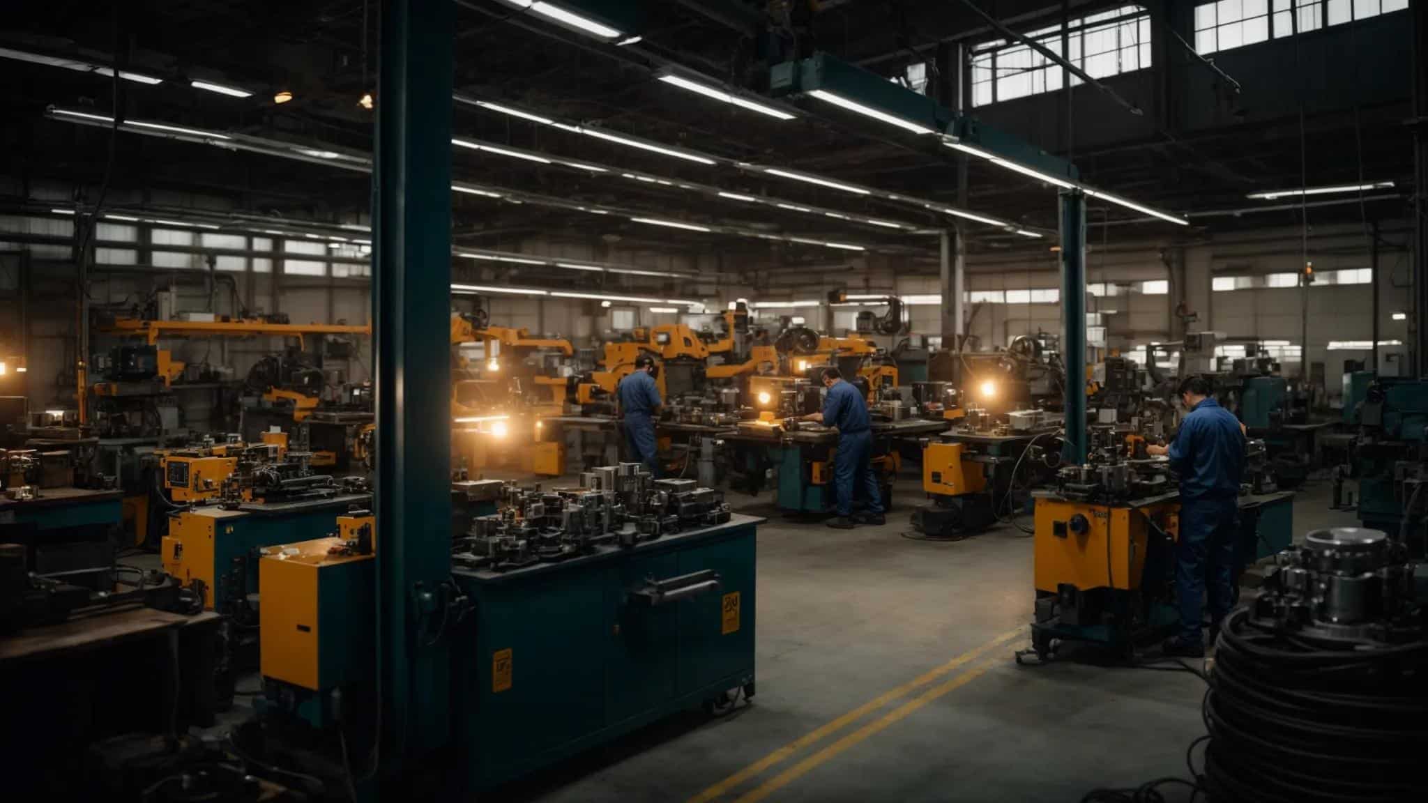 a dynamic industrial workshop showcases skilled technicians meticulously repairing robust motors, surrounded by gleaming machinery and vibrant tools under bright overhead lights.