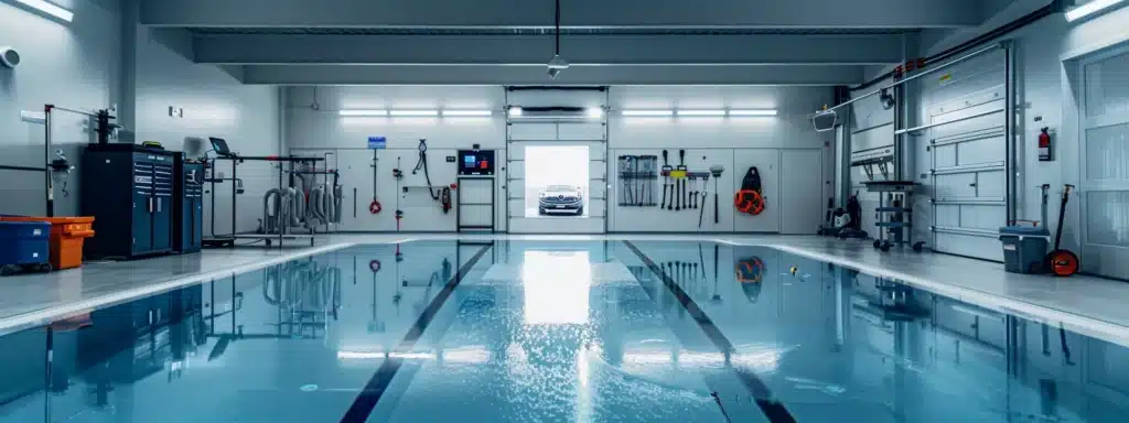 a sleek, modern pool maintenance room features a sparkling pool pump on a polished surface, illuminated by bright overhead lights, surrounded by tools and equipment ready for thorough upkeep.