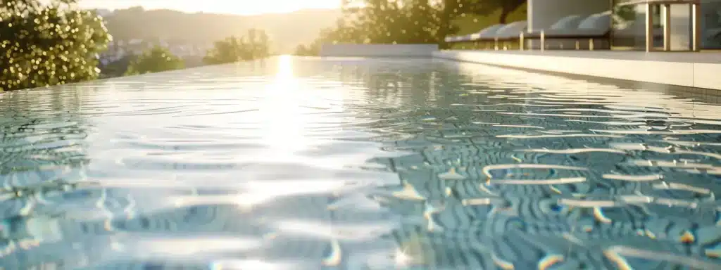 a sleek, modern pool with crystal-clear water flows seamlessly around a polished, high-efficiency pool pump prominently displayed at the edge, highlighting its essential role in maintaining pristine pool conditions.