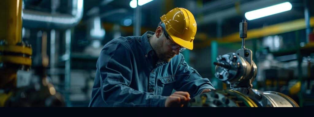 a professional engineer analyzing an open industrial pump amidst a sleek, modern workshop in columbus, ohio, illuminated by focused overhead lights, highlighting the intricate details of the repair process.
